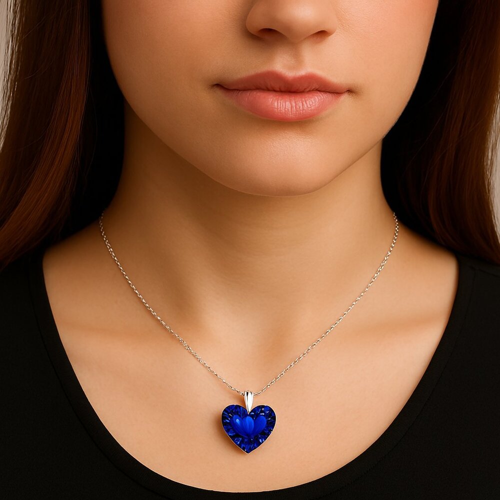 Swarovski Crystal Bl;ue Heart Pendant Necklace - Rhodium Overlay Women’s Jewelry